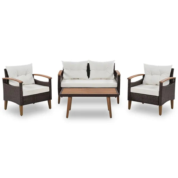 4-Piece Garden Furniture;  Patio Seating Set;  PE Rattan Outdoor Sofa Set;  Wood Table and Legs;  Brown and Beige