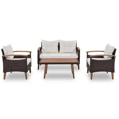 4-Piece Garden Furniture;  Patio Seating Set;  PE Rattan Outdoor Sofa Set;  Wood Table and Legs;  Brown and Beige