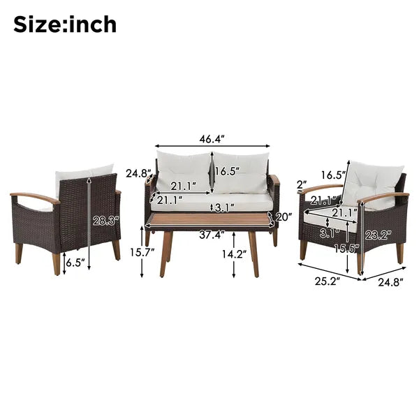 4-Piece Garden Furniture;  Patio Seating Set;  PE Rattan Outdoor Sofa Set;  Wood Table and Legs;  Brown and Beige