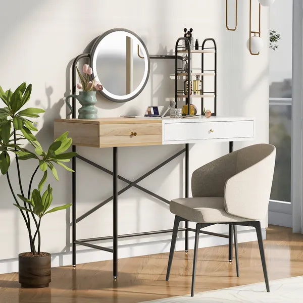 SALE40 inch Makeup Vanity Desk with 3-Mode Lighted Mirror & Wireless Charging Station,Vanity Table with Drawer & 3 Open Shelves for Ample Storage Space,Dressing Table for Bedroom