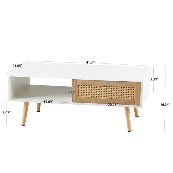 41.34" Rattan Coffee table, sliding door for storage, solid wood legs, Modern table for living room