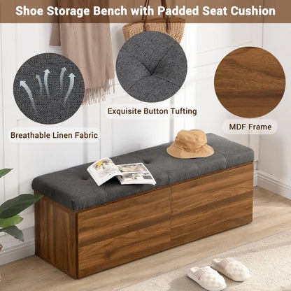 49" Shoe Storage Bench Entryway Shoe Cabinet Storage Ottoman with Padded Seat Cushion and Double Doors for Entryway, Hallway and Bedroom, Dark Grey