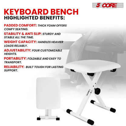 5 Core Keyboard Bench X Style Piano Stool Padded Adjustable Keyboards Chair - KBB 02 WH