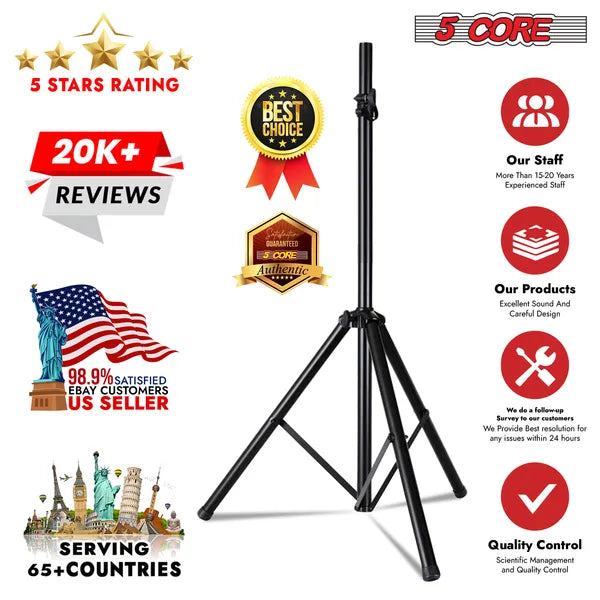 5 Core Speaker Stand Tripod Floor Heavy Duty Adjustable Up to 72 Inch DJ Studio Monitor Stands Pole Mount - SS HD 1PK BLK BAG