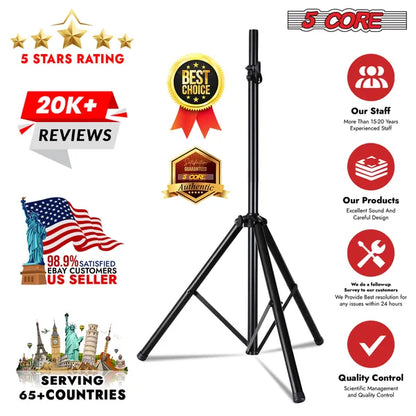 5 Core Speaker Stand Tripod Floor Heavy Duty Adjustable Up to 72 Inch DJ Studio Monitor Stands Pole Mount - SS HD 1PK BLK BAG