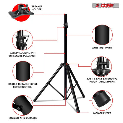 5 Core Speaker Stand Tripod Floor Heavy Duty Adjustable Up to 72 Inch DJ Studio Monitor Stands Pole Mount - SS HD 1PK BLK BAG