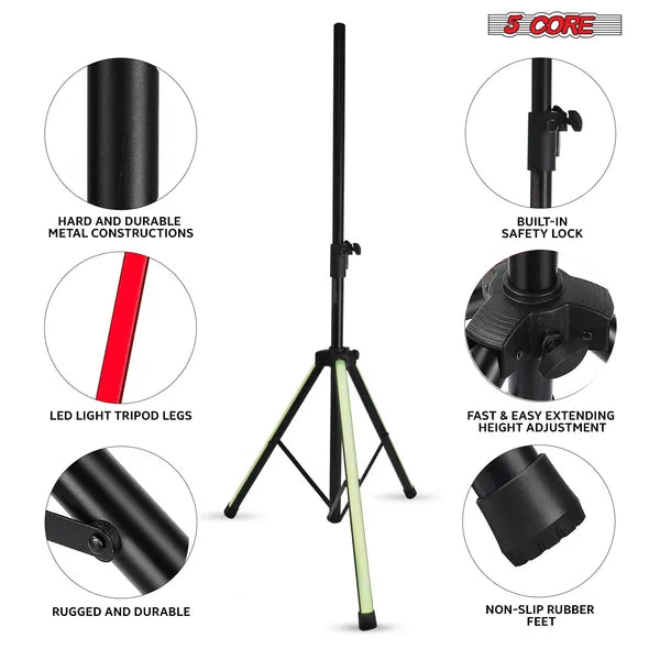 5 Core Speaker Stand Tripod Floor with RGB LED Lights Heavy Duty Adjustable Up to 72 Inch DJ Studio Monitor Stands Pole Mount - SS HD LGT