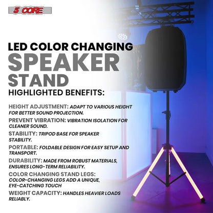 5 Core Speaker Stand Tripod Floor with RGB LED Lights Heavy Duty Adjustable Up to 72 Inch DJ Studio Monitor Stands Pole Mount - SS HD LGT