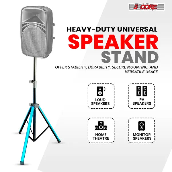 5 Core Speaker Stand Tripod Floor with RGB LED Lights Heavy Duty Adjustable Up to 72 Inch DJ Studio Monitor Stands Pole Mount - SS HD LGT