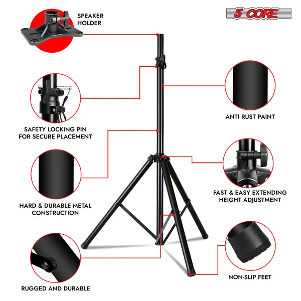 5 Core Speaker Stand Tripod Pair Floor Heavy Duty Adjustable Up to 72 Inch DJ Studio Monitor Stands Pole Mount - SS HD 2PK BLK BAG