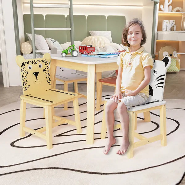 5 Piece Kiddy Table and Chair Set , Kids Wood Table with 4 Chairs Set Cartoon Animals (bigger table) (3-8 years old)