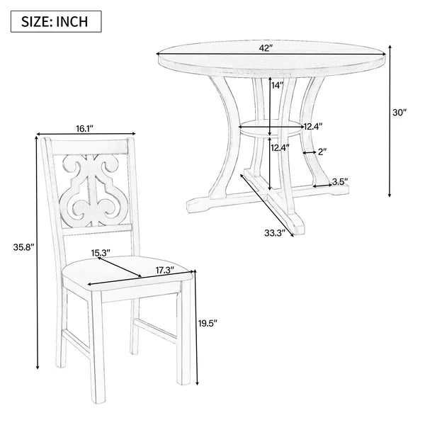 5-Piece Round Dining Table and 4 Fabric Chairs with Special-shaped Table Legs and Storage Shelf