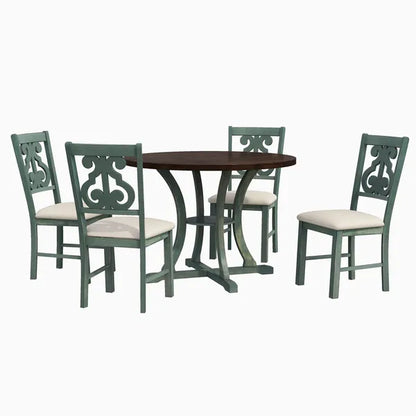 5-Piece Round Dining Table and 4 Fabric Chairs with Special-shaped Table Legs and Storage Shelf