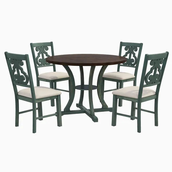 5-Piece Round Dining Table and 4 Fabric Chairs with Special-shaped Table Legs and Storage Shelf