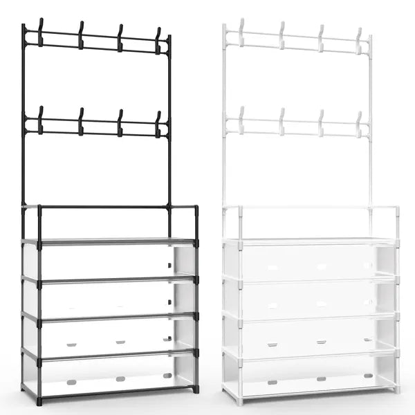 5-Tier Dustproof Entryway Hall Tree Coat Rack Shoe Rack With 8 Removable Hooks Freestanding Shoe Storage Shelf Hat Clothes Organizer For Front Door Bedroom Entryway