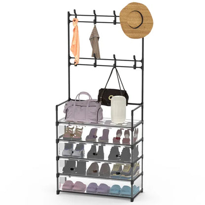 5-Tier Dustproof Entryway Hall Tree Coat Rack Shoe Rack With 8 Removable Hooks Freestanding Shoe Storage Shelf Hat Clothes Organizer For Front Door Bedroom Entryway