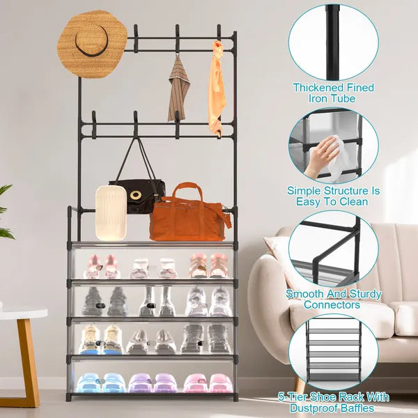 5-Tier Dustproof Entryway Hall Tree Coat Rack Shoe Rack With 8 Removable Hooks Freestanding Shoe Storage Shelf Hat Clothes Organizer For Front Door Bedroom Entryway