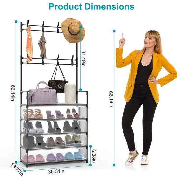 5-Tier Dustproof Entryway Hall Tree Coat Rack Shoe Rack With 8 Removable Hooks Freestanding Shoe Storage Shelf Hat Clothes Organizer For Front Door Bedroom Entryway