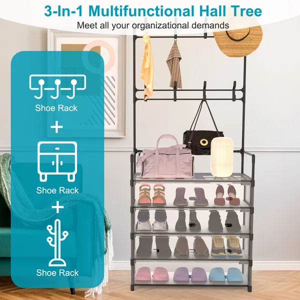 5-Tier Dustproof Entryway Hall Tree Coat Rack Shoe Rack With 8 Removable Hooks Freestanding Shoe Storage Shelf Hat Clothes Organizer For Front Door Bedroom Entryway