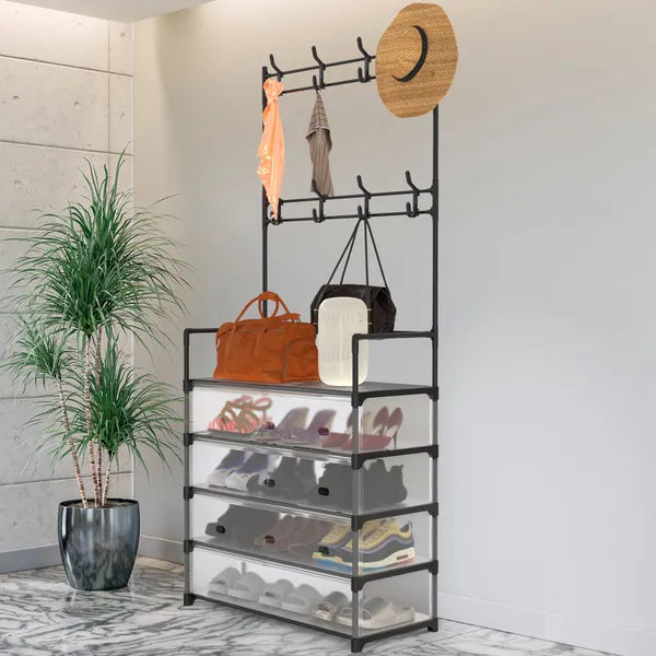 5-Tier Dustproof Entryway Hall Tree Coat Rack Shoe Rack With 8 Removable Hooks Freestanding Shoe Storage Shelf Hat Clothes Organizer For Front Door Bedroom Entryway