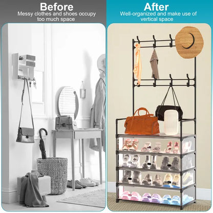 5-Tier Dustproof Entryway Hall Tree Coat Rack Shoe Rack With 8 Removable Hooks Freestanding Shoe Storage Shelf Hat Clothes Organizer For Front Door Bedroom Entryway