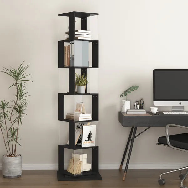 5 tier Rotating Bookshelf, Floor Rack Simple Bookcase with Acrylic plate Student Multi-Function Creative Bookshelf for Living Room with anti-toppling base