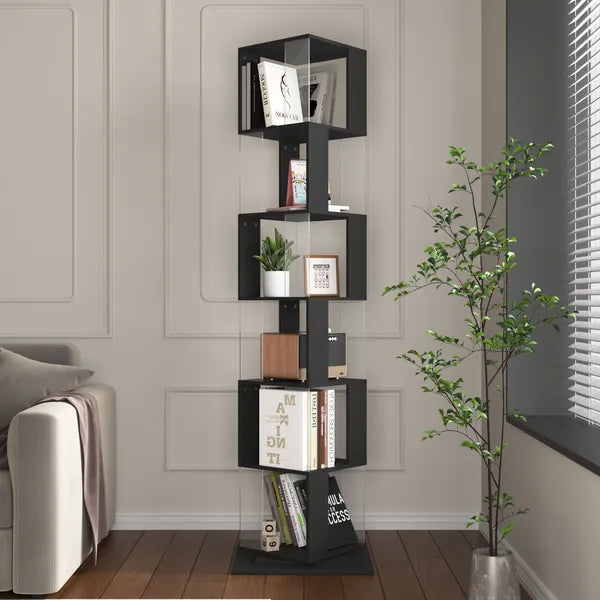 5 tier Rotating Bookshelf, Floor Rack Simple Bookcase with Acrylic plate Student Multi-Function Creative Bookshelf for Living Room with anti-toppling base