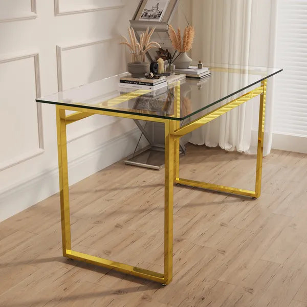 51" Modern Minimalist Rectangular Glass Dining Table for 4-6 with 0.31" Tempered Glass Tabletop and Black Chrome Metal Legs, Writing Table Desk, for Kitchen Dining Living Room (0 damage)