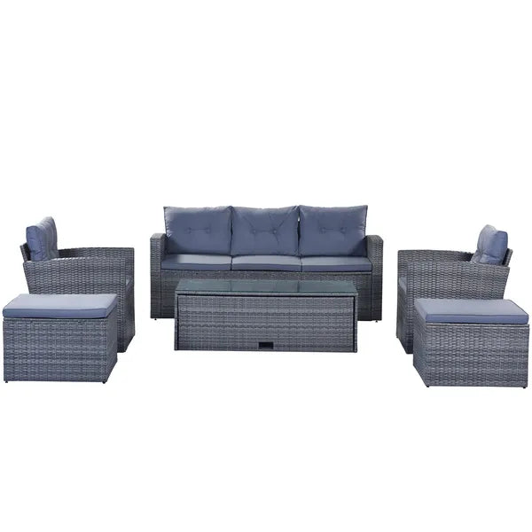 6-piece All-Weather Wicker PE rattan Patio Outdoor Dining Conversation Sectional Set with coffee table, wicker sofas, ottomans, removable cushions