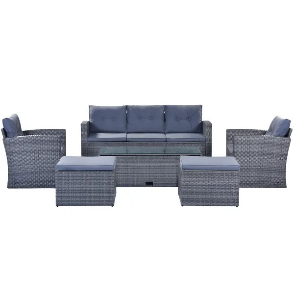 6-piece All-Weather Wicker PE rattan Patio Outdoor Dining Conversation Sectional Set with coffee table, wicker sofas, ottomans, removable cushions