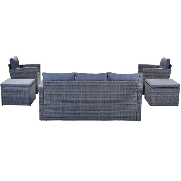 6-piece All-Weather Wicker PE rattan Patio Outdoor Dining Conversation Sectional Set with coffee table, wicker sofas, ottomans, removable cushions