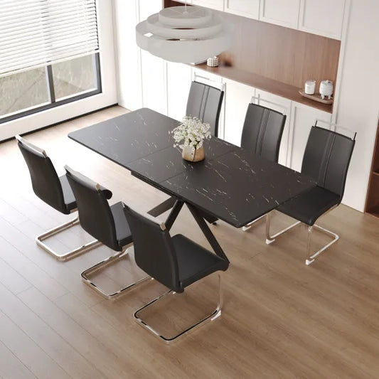 62.4" extendable 78.15" dining Table Set for 6-8 Person for Dining Room, 6 C-shaped Tube Soft padded armless dining chair and Very large Dining Room Table Kitchen Table Chair Set with metal Legs