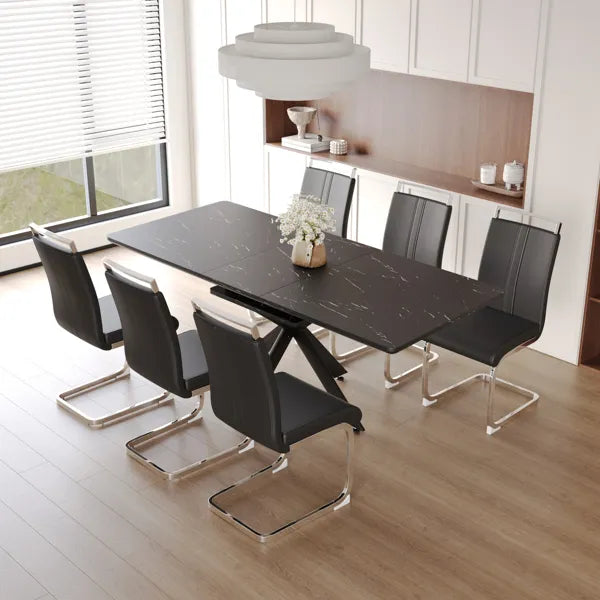 62.4" extendable 78.15" dining Table Set for 6-8 Person for Dining Room, 6 C-shaped Tube Soft padded armless dining chair and Very large Dining Room Table Kitchen Table Chair Set with metal Legs