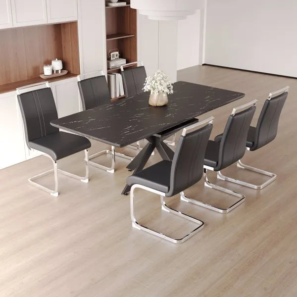 62.4" extendable 78.15" dining Table Set for 6-8 Person for Dining Room, 6 C-shaped Tube Soft padded armless dining chair and Very large Dining Room Table Kitchen Table Chair Set with metal Legs