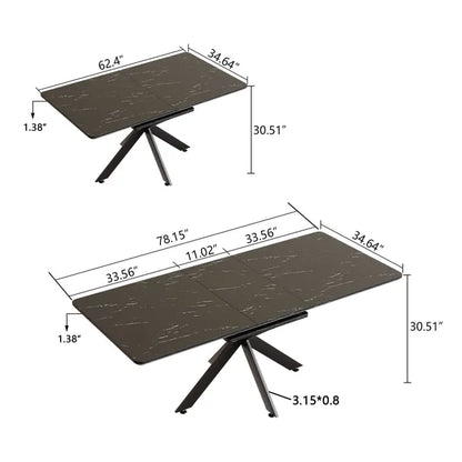 62.4" Extendable 78.15"Very large Grey Dining Table Modern Mid-Century Kitchen Table Set for Dining Room, party Table,Conference table,Black metal X shape Legs.