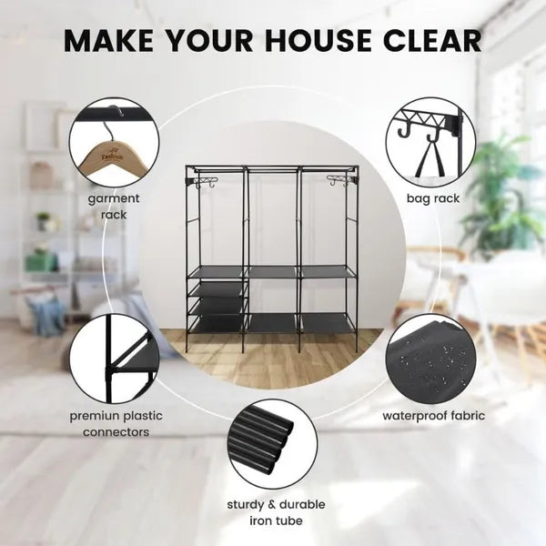 67×65×13.7 in Spacious Triple - Row Black/White Metal Clothes Rack with Drying Area - Stylish Floor - Standing Organizer for Bedroom, with Shoe & Accessory Space, Made of Durable Plastic