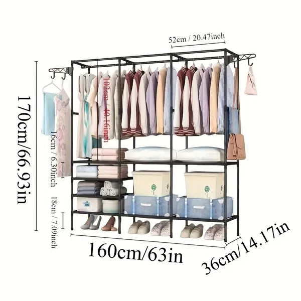 67×65×13.7 in Spacious Triple - Row Black/White Metal Clothes Rack with Drying Area - Stylish Floor - Standing Organizer for Bedroom, with Shoe & Accessory Space, Made of Durable Plastic