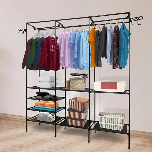 67×65×13.7 in Spacious Triple - Row Black/White Metal Clothes Rack with Drying Area - Stylish Floor - Standing Organizer for Bedroom, with Shoe & Accessory Space, Made of Durable Plastic