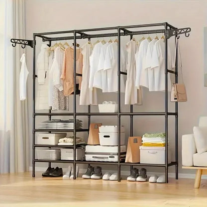 67×65×13.7 in Spacious Triple - Row Black/White Metal Clothes Rack with Drying Area - Stylish Floor - Standing Organizer for Bedroom, with Shoe & Accessory Space, Made of Durable Plastic