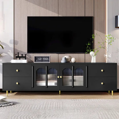 70.9" Modern TV Stand for TVs up to 75 Inches,Entertainment Center with Glass Door,4 Drawers and 2 Cabinets,Five Metal Legs and Metal Handles for Living room