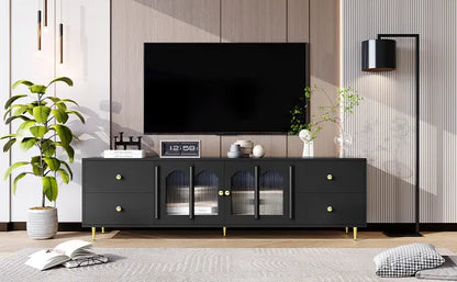 70.9" Modern TV Stand for TVs up to 75 Inches,Entertainment Center with Glass Door,4 Drawers and 2 Cabinets,Five Metal Legs and Metal Handles for Living room