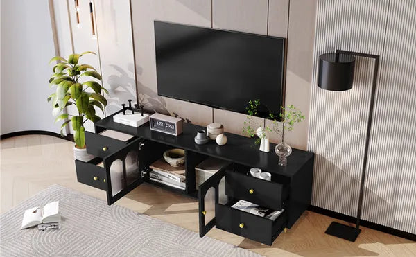 70.9" Modern TV Stand for TVs up to 75 Inches,Entertainment Center with Glass Door,4 Drawers and 2 Cabinets,Five Metal Legs and Metal Handles for Living room