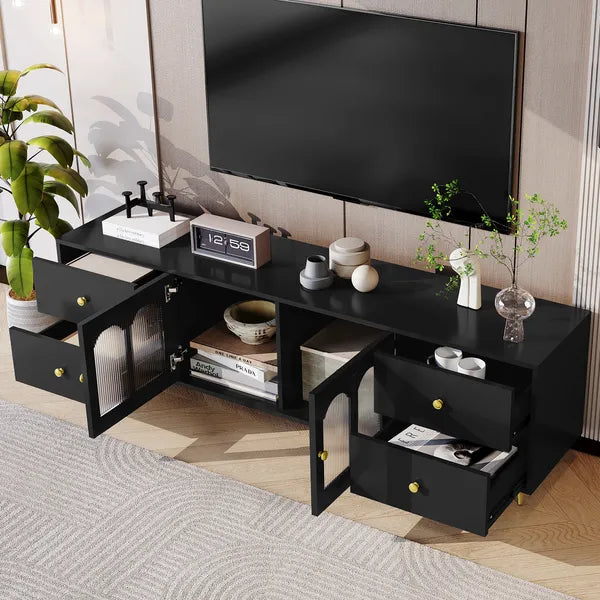 70.9" Modern TV Stand for TVs up to 75 Inches,Entertainment Center with Glass Door,4 Drawers and 2 Cabinets,Five Metal Legs and Metal Handles for Living room