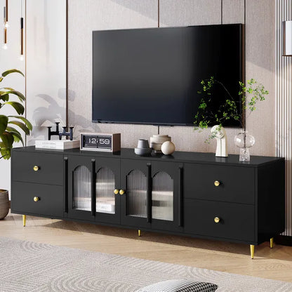 70.9" Modern TV Stand for TVs up to 75 Inches,Entertainment Center with Glass Door,4 Drawers and 2 Cabinets,Five Metal Legs and Metal Handles for Living room