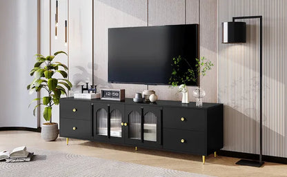 70.9" Modern TV Stand for TVs up to 75 Inches,Entertainment Center with Glass Door,4 Drawers and 2 Cabinets,Five Metal Legs and Metal Handles for Living room