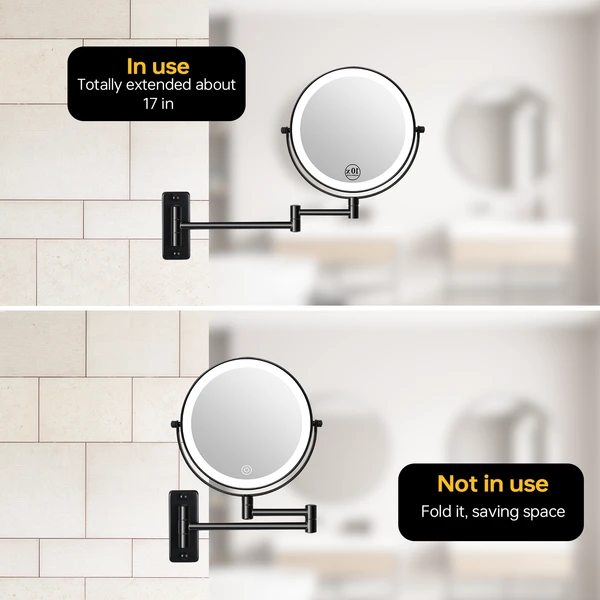 8 Inch Wall-Mounted Makeup Mirror, Double Sided 1x/10x Magnifying Makeup Mirror, 3 Colour Lights Touch Screen Dimmable Bathroom Mirror, 360° Swivel Vanity Mirror Built-In Battery