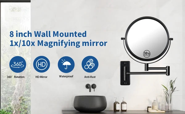 8-inch Wall Mounted Makeup Vanity Mirror, 1X / 10X Magnification Mirror, 360° Swivel with Extension Arm