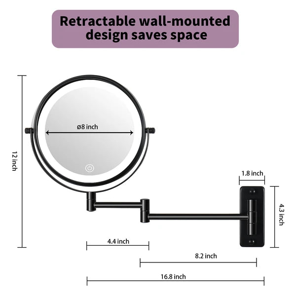 8-inch Wall Mounted Makeup Vanity Mirror, 1X / 10X Magnification Mirror, 360° Swivel with Extension Arm