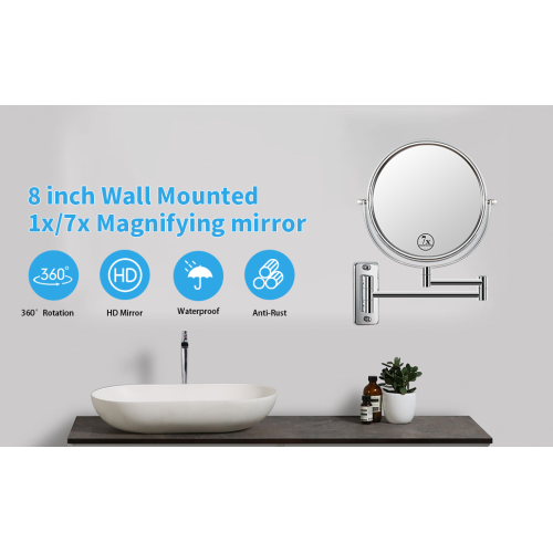 8-inch Wall Mounted Makeup Vanity Mirror, 1X / 7X Magnification Mirror, 360° Swivel with Extension Arm (Chrome Finish)