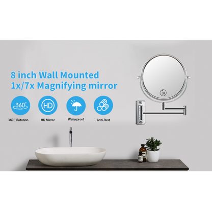 8-inch Wall Mounted Makeup Vanity Mirror, 1X / 7X Magnification Mirror, 360° Swivel with Extension Arm (Chrome Finish)